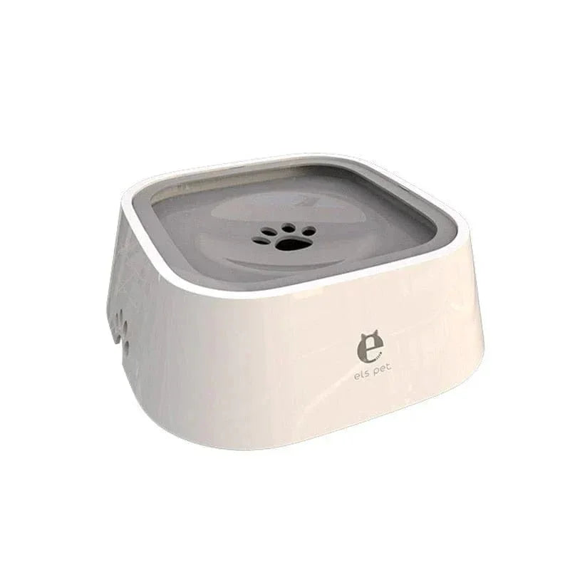 Square anti-splash dog water bowl with gray paw print lid and white base, els pet logo