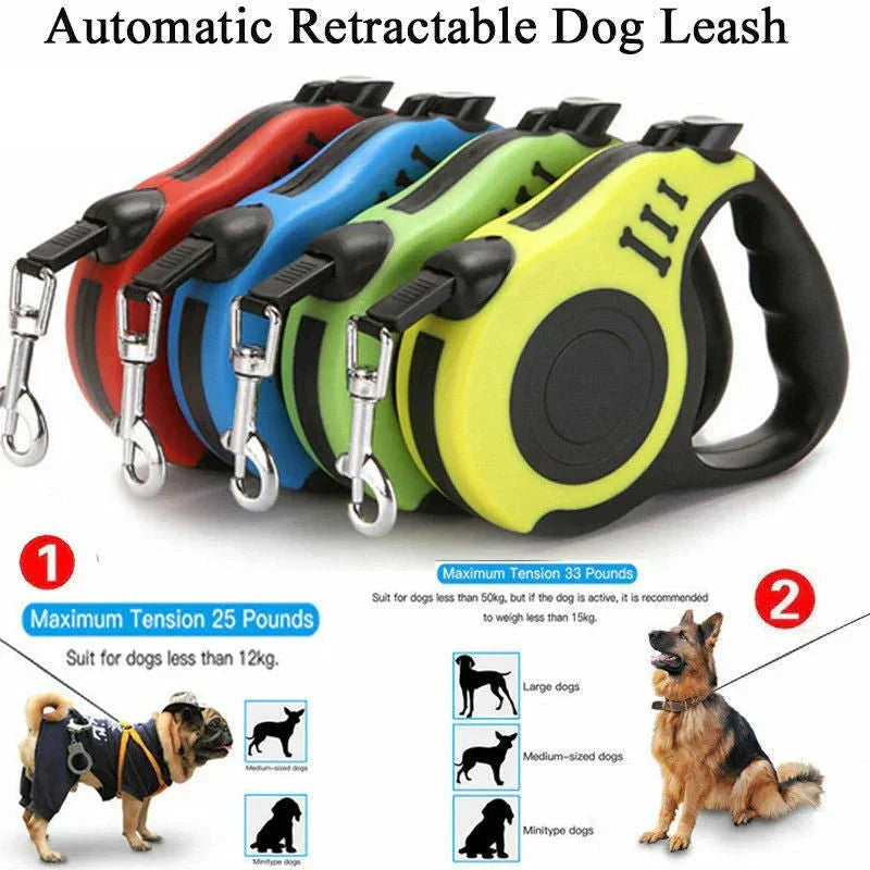 Colorful tangle-free retractable dog leashes for small to large dogs, displayed with size guide.