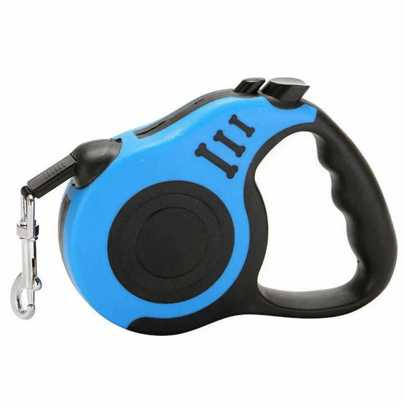 Blue tangle-free retractable dog leash with ergonomic black handle and metal clip