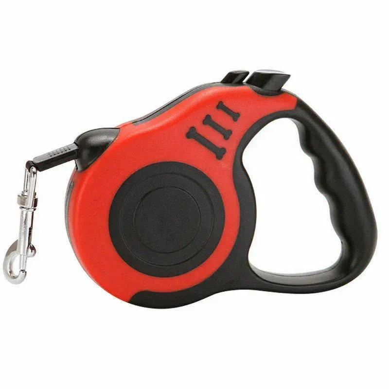 Tangle-free retractable dog leash with red and black handle and metal clip