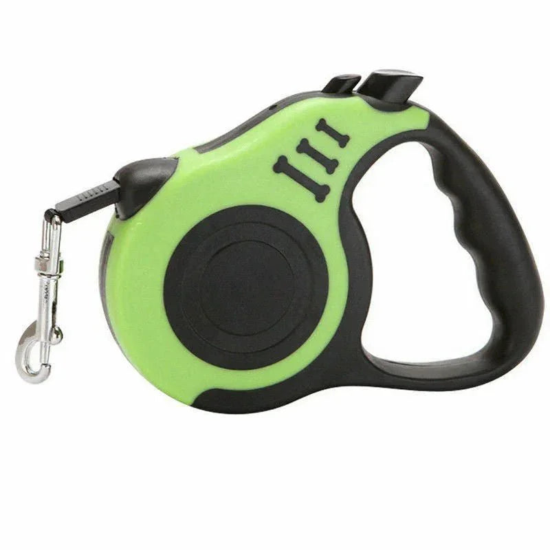 Tangle-free retractable dog leash with green and black ergonomic handle