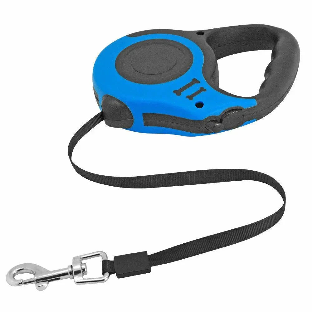 Blue tangle-free retractable dog leash with black handle and metal clip