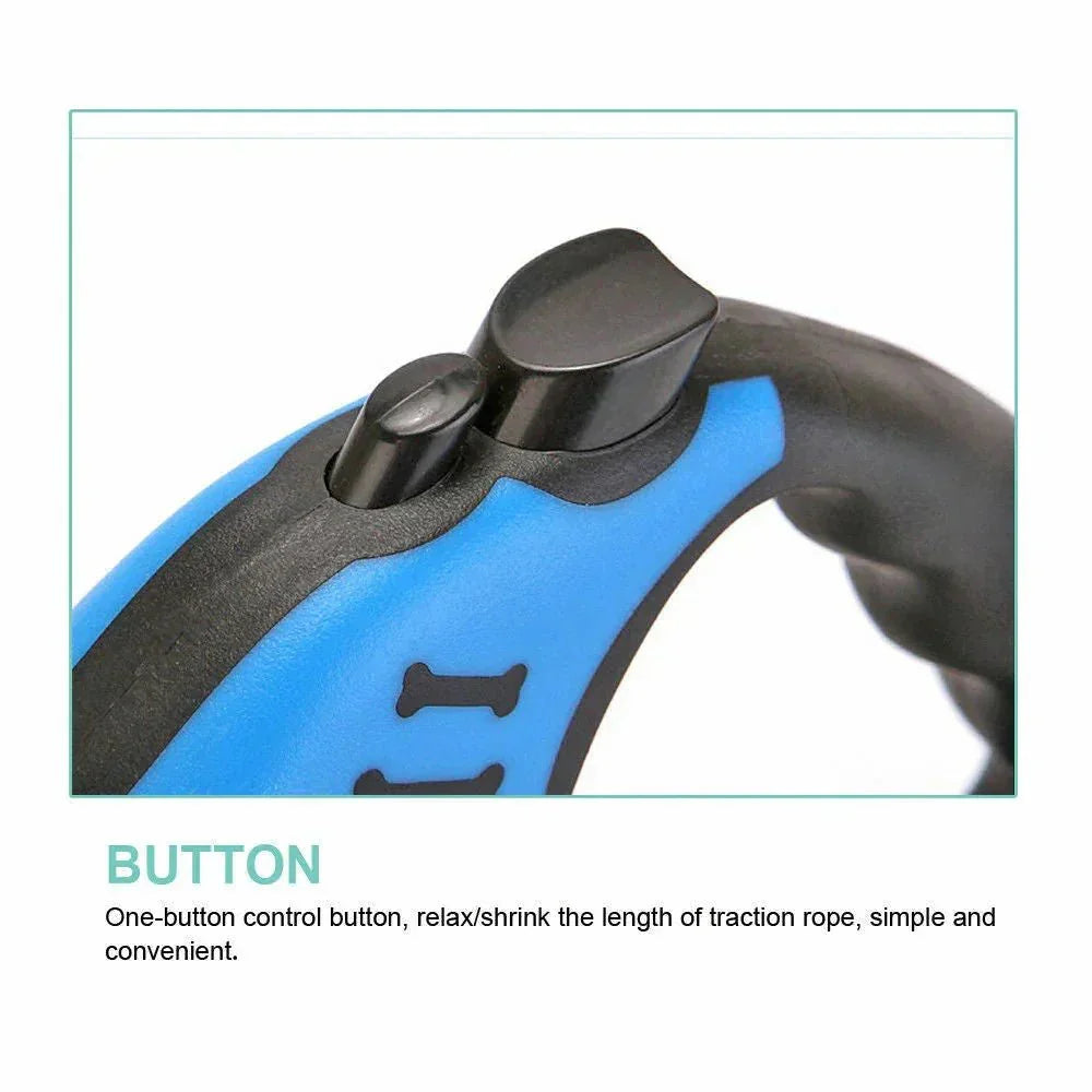 Close-up of blue and black retractable dog leash handle with one-button control.