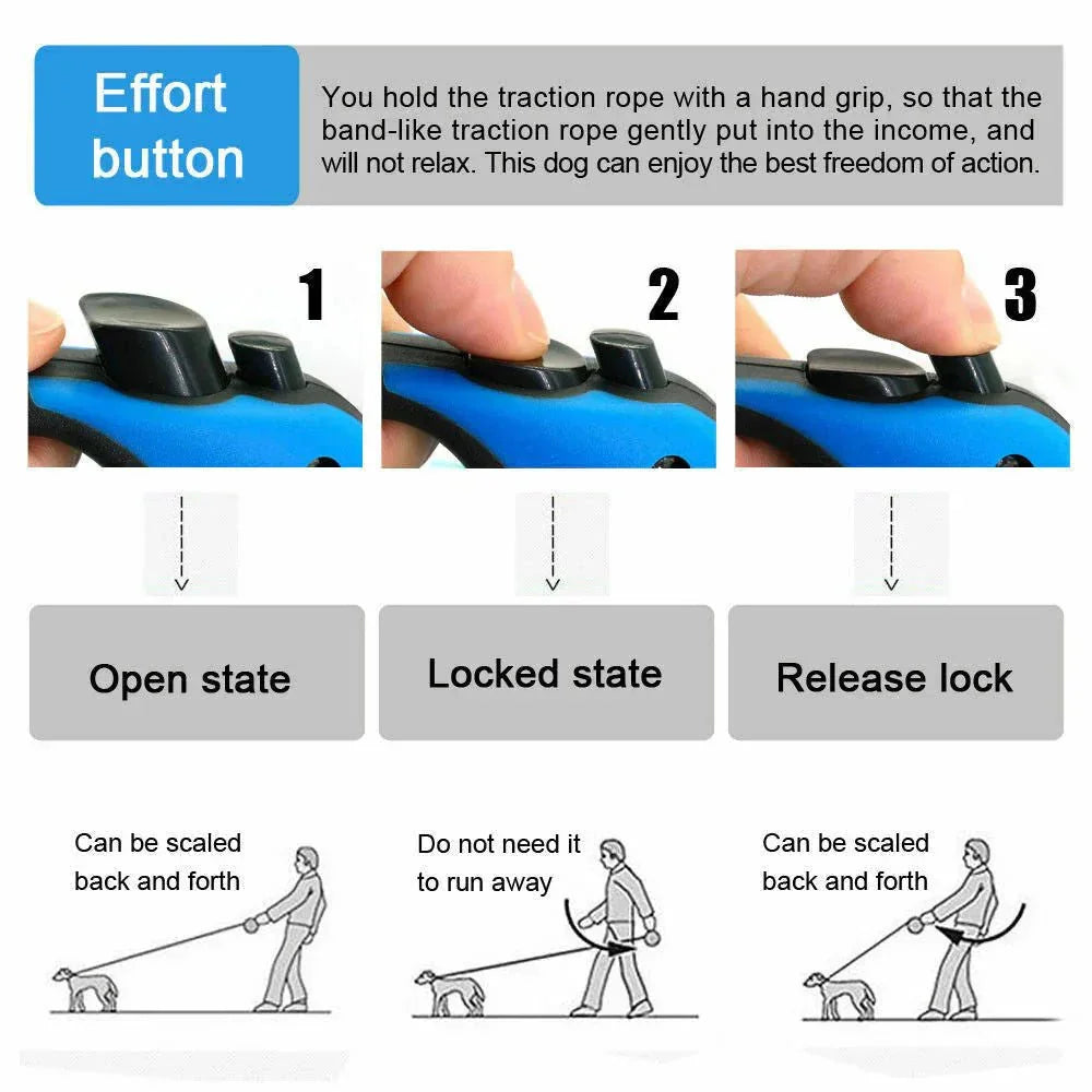 Instructions for blue retractable dog leash with lock button and usage diagrams