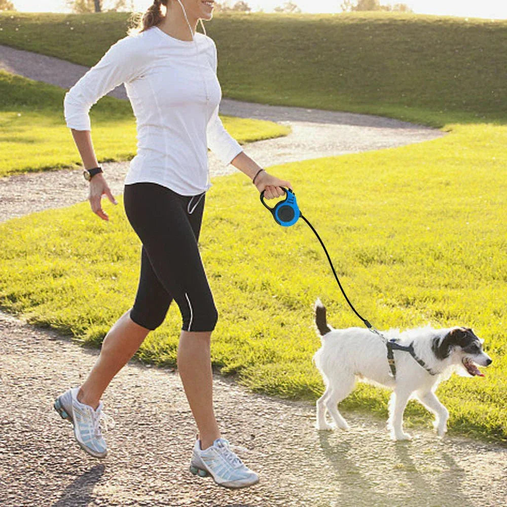 Woman walking dog with blue tangle-free retractable leash on a sunny park path