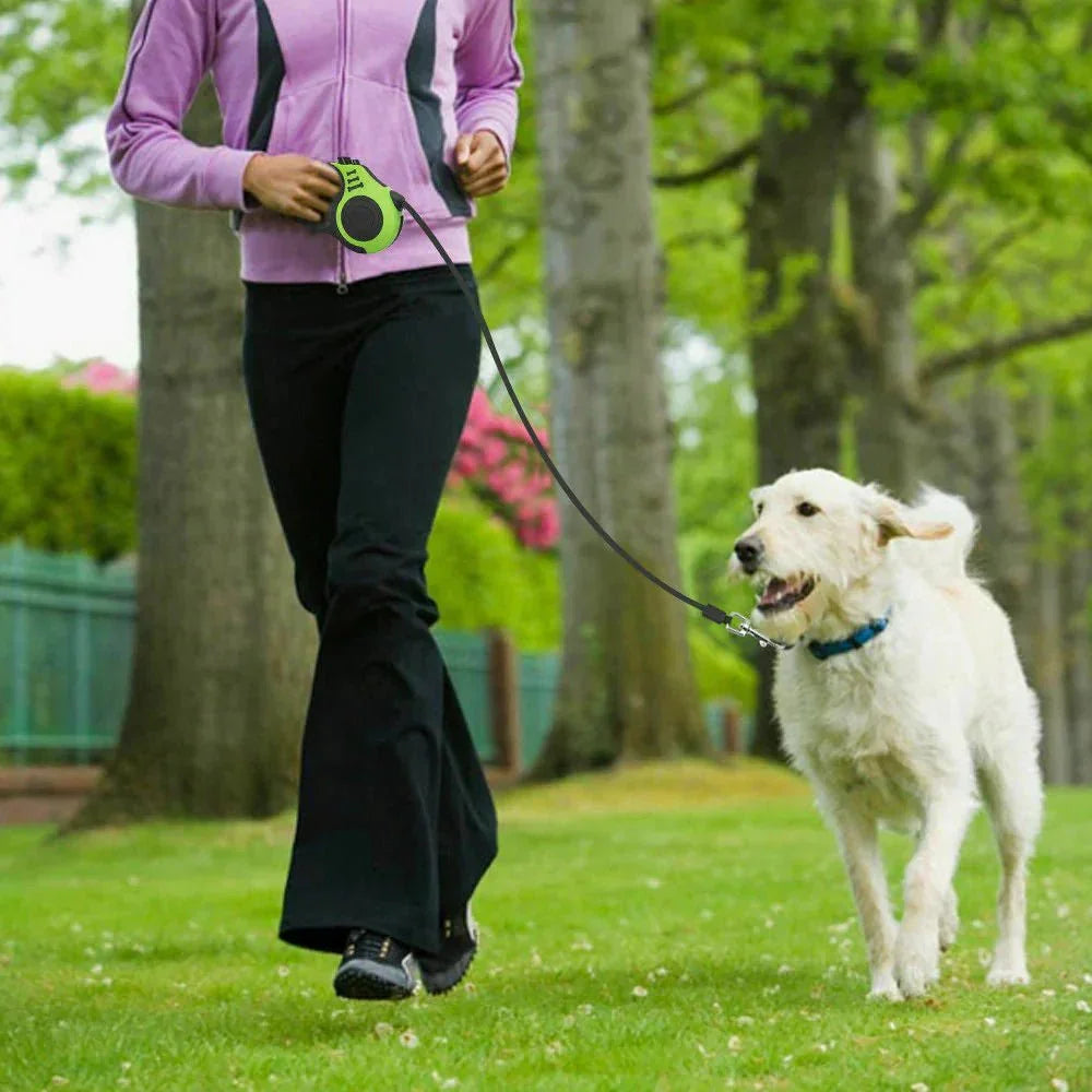 Woman walking dog on green tangle-free retractable leash in park setting