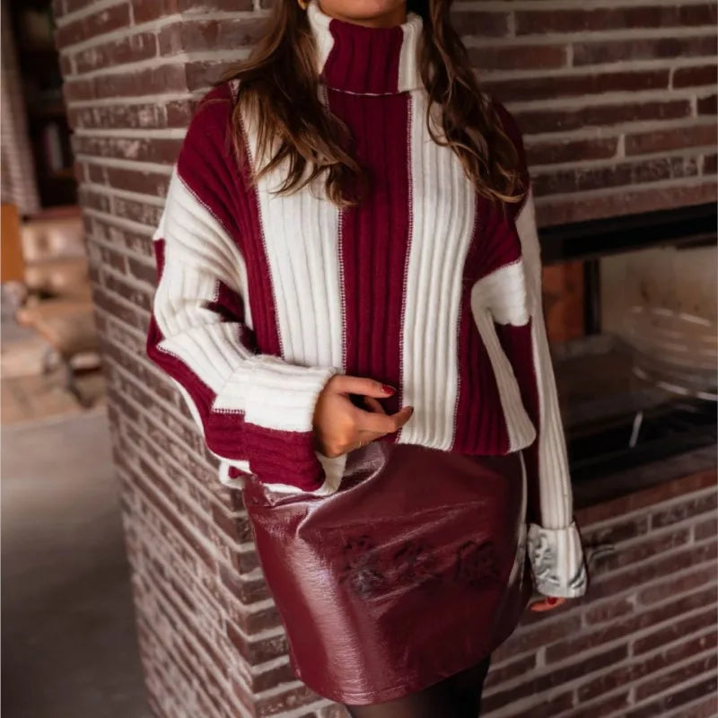 Women’s Striped Patchwork Turtleneck Knit Sweater – Autumn Winter Loose Pullover