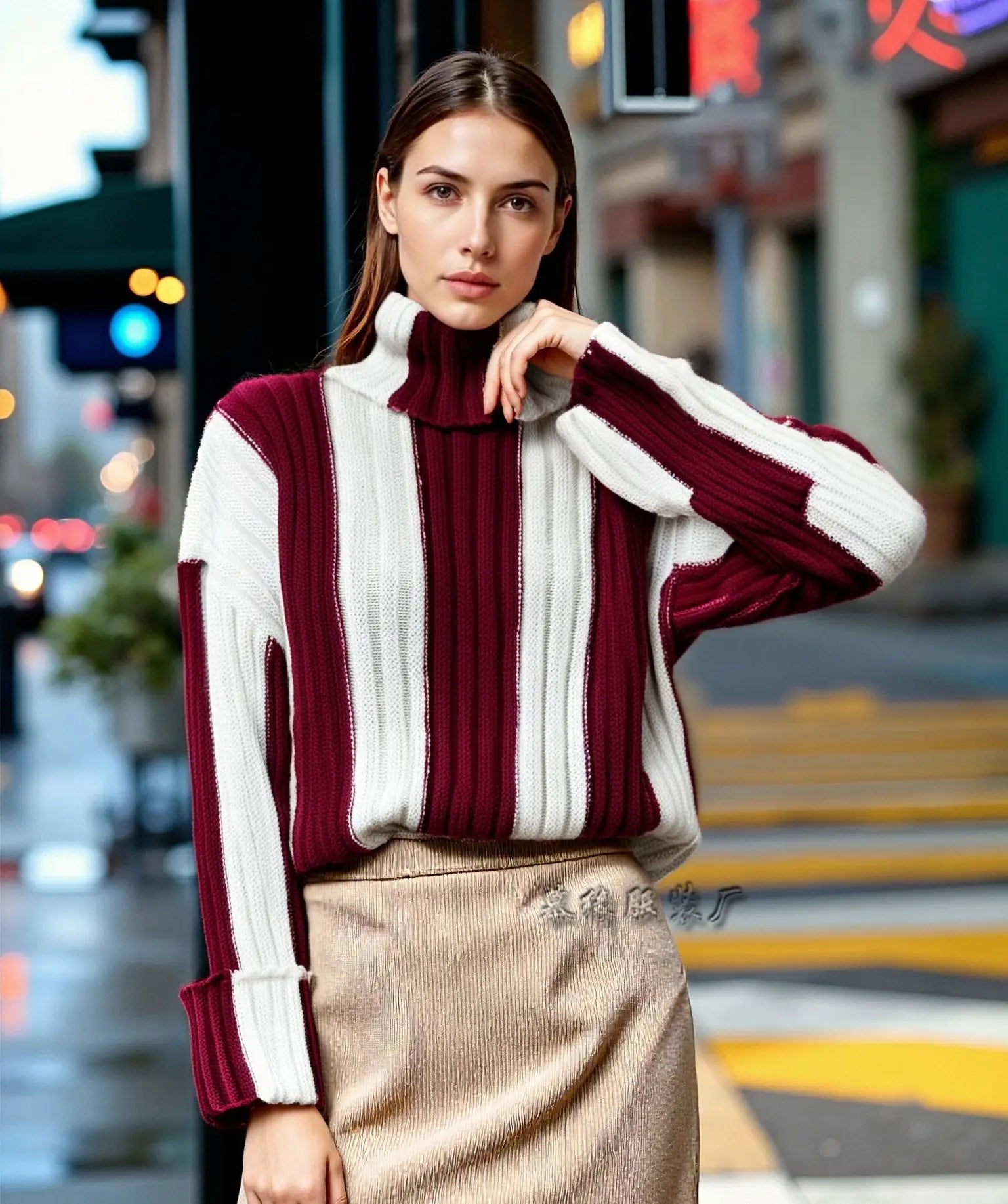 Women’s Striped Patchwork Turtleneck Knit Sweater – Autumn Winter Loose Pullover