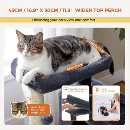 Tabby cat on wide cat tree perch, 43cm x 30cm, washable, detachable for comfort