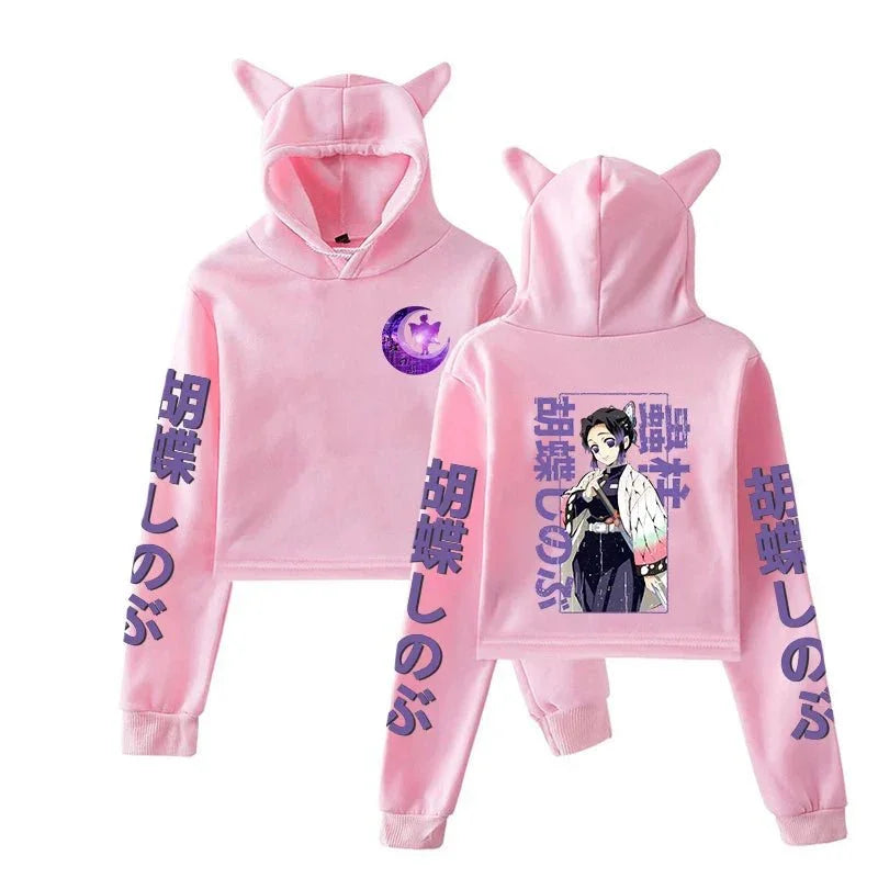 Pink anime cat ear hoodie with Japanese text and anime girl graphic on back