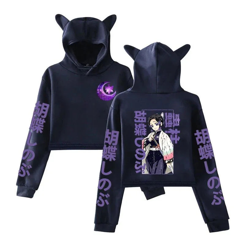 Black anime cat ear hoodie with purple Japanese text and character graphic print