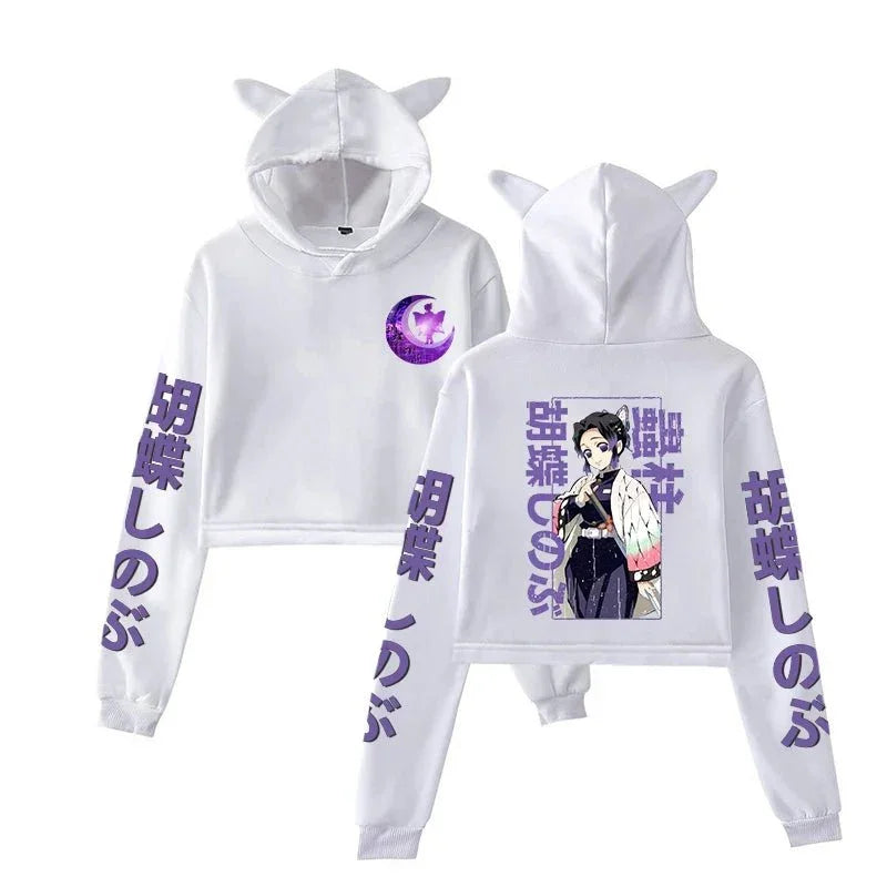 White anime cat ear hoodie with purple Japanese text and female anime character graphic