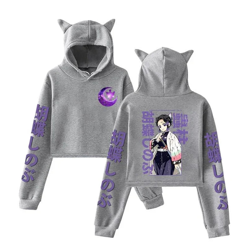 Gray anime cat ear hoodie with purple Japanese text and female anime character print