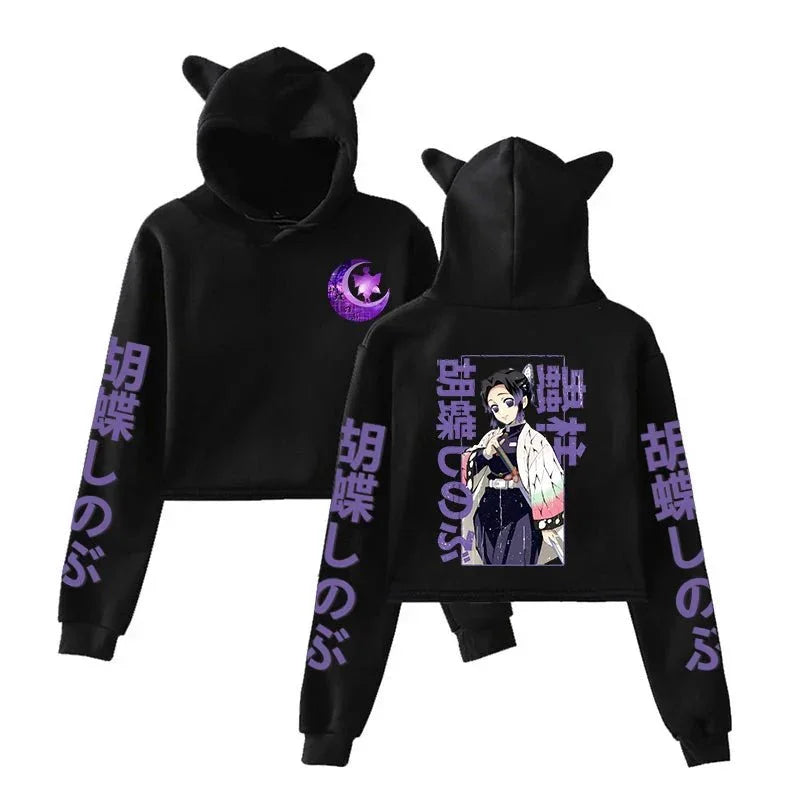 Black anime cat ear hoodie featuring purple graphics and character print, Japanese text on sleeves.