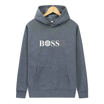 Gray unisex hoodie with BOSS logo and barrel design, cozy casual wear