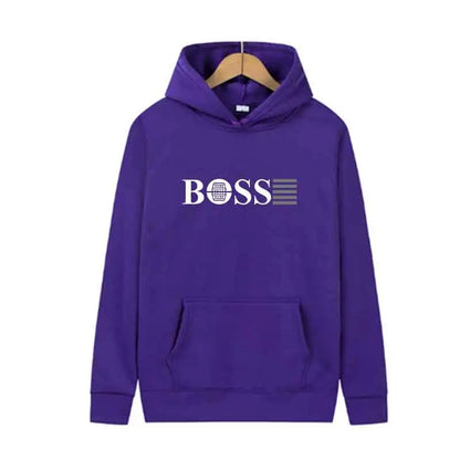 Purple unisex hoodie with BOSS logo and barrel graphic, casual luxury streetwear