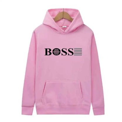 Pink unisex hoodie with BOSS logo and barrel graphic, casual luxury streetwear