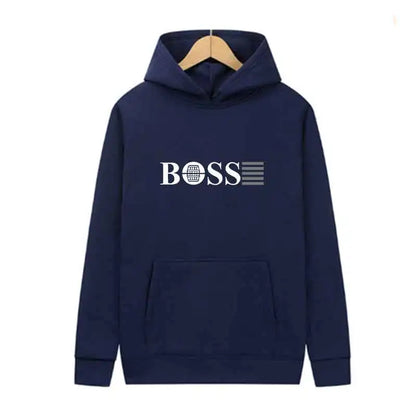 Navy blue luxury unisex hoodie with BOSS logo and graphic design on front, displayed on hanger
