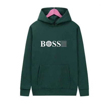 Dark green unisex hoodie with white BOSS text and barrel logo on front, casual luxury streetwear