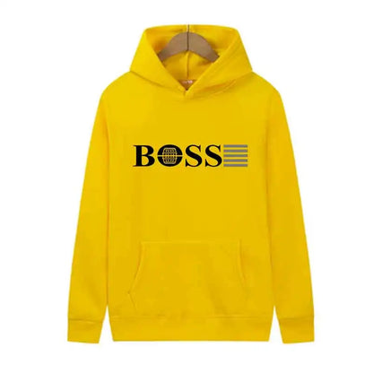 Bright yellow unisex hoodie with BOSS logo and graphic design on front, casual luxury wear