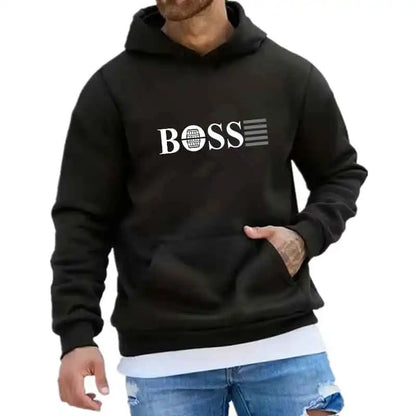 Black unisex hoodie with BOSS logo featuring barrel and stripes, worn with white shirt and ripped blue jeans