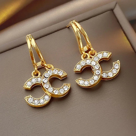 C-Letter Crystal Earrings 14K Gold-Plated