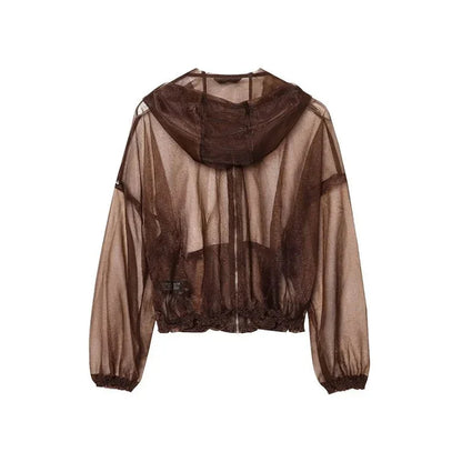 Brown sheer zip-up jacket with hood and elastic cuffs on a white background