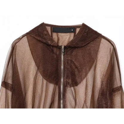 Brown sheer zip-up jacket with collar and translucent fabric