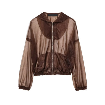 Brown sheer zip-up jacket with long sleeves and elastic hem on white background