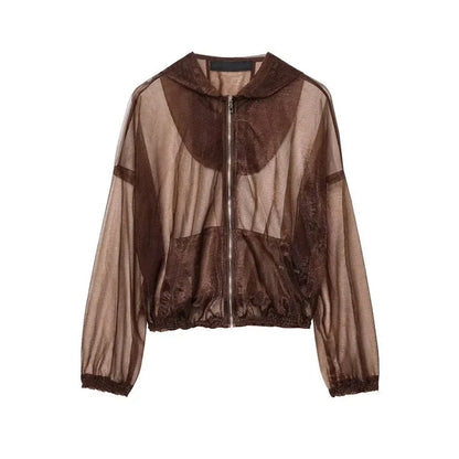 Brown sheer zip-up jacket with collar and long sleeves on white background