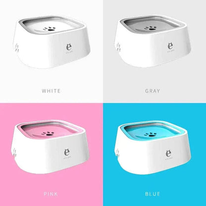Four ELS PET automatic pet water fountains in white, gray, pink, and blue on color backgrounds.