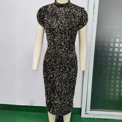 Woman wearing elegant luxury sequin midi dress with slit, sleeveless/short sleeve party and prom design