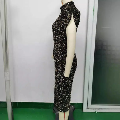 Woman wearing elegant luxury sequin midi dress with slit, sleeveless/short sleeve party and prom design