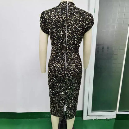 Woman wearing elegant luxury sequin midi dress with slit, sleeveless/short sleeve party and prom design