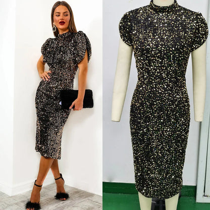 Woman wearing elegant luxury sequin midi dress with slit, sleeveless/short sleeve party and prom design