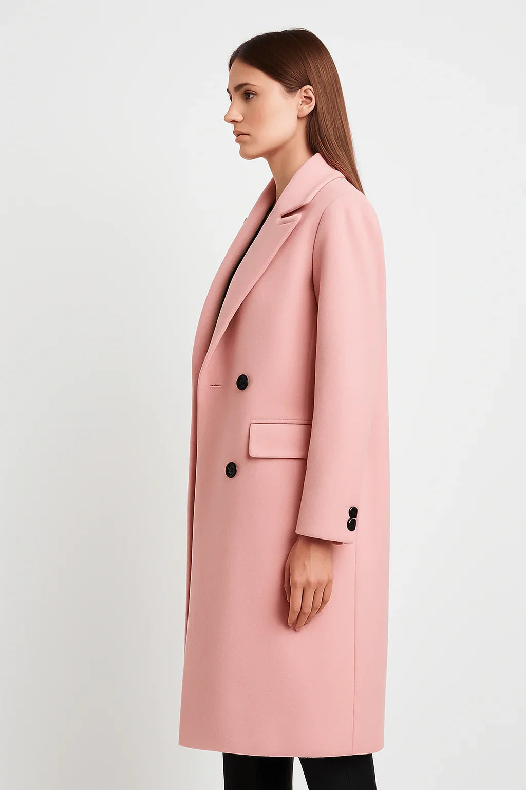 Woman wearing elegant pink wool trench coat with black buttons, side view