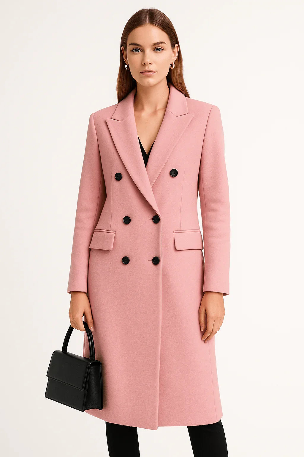 Woman wearing elegant pink wool trench coat with black buttons, holding black handbag