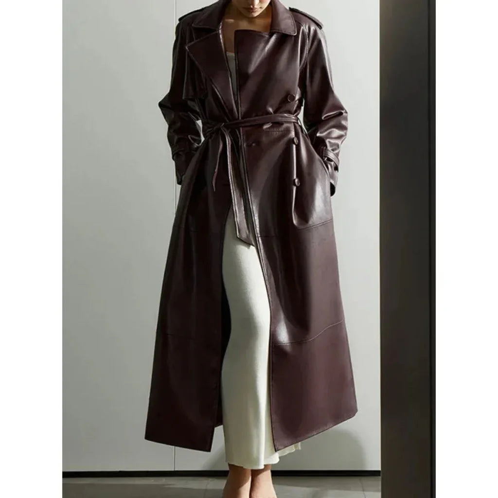 Long Faux Leather Trench Coat