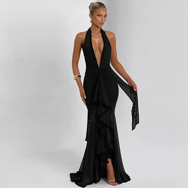 Halter Deep V Neck Maxi Dress