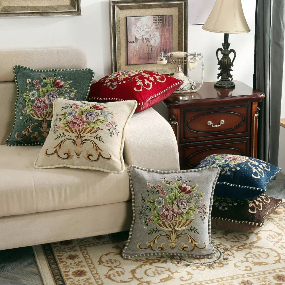 Jacquard Floral Embroidered Cushion Cover