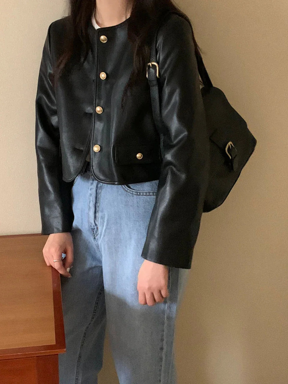 Black Vintage Leather Gold Jacket