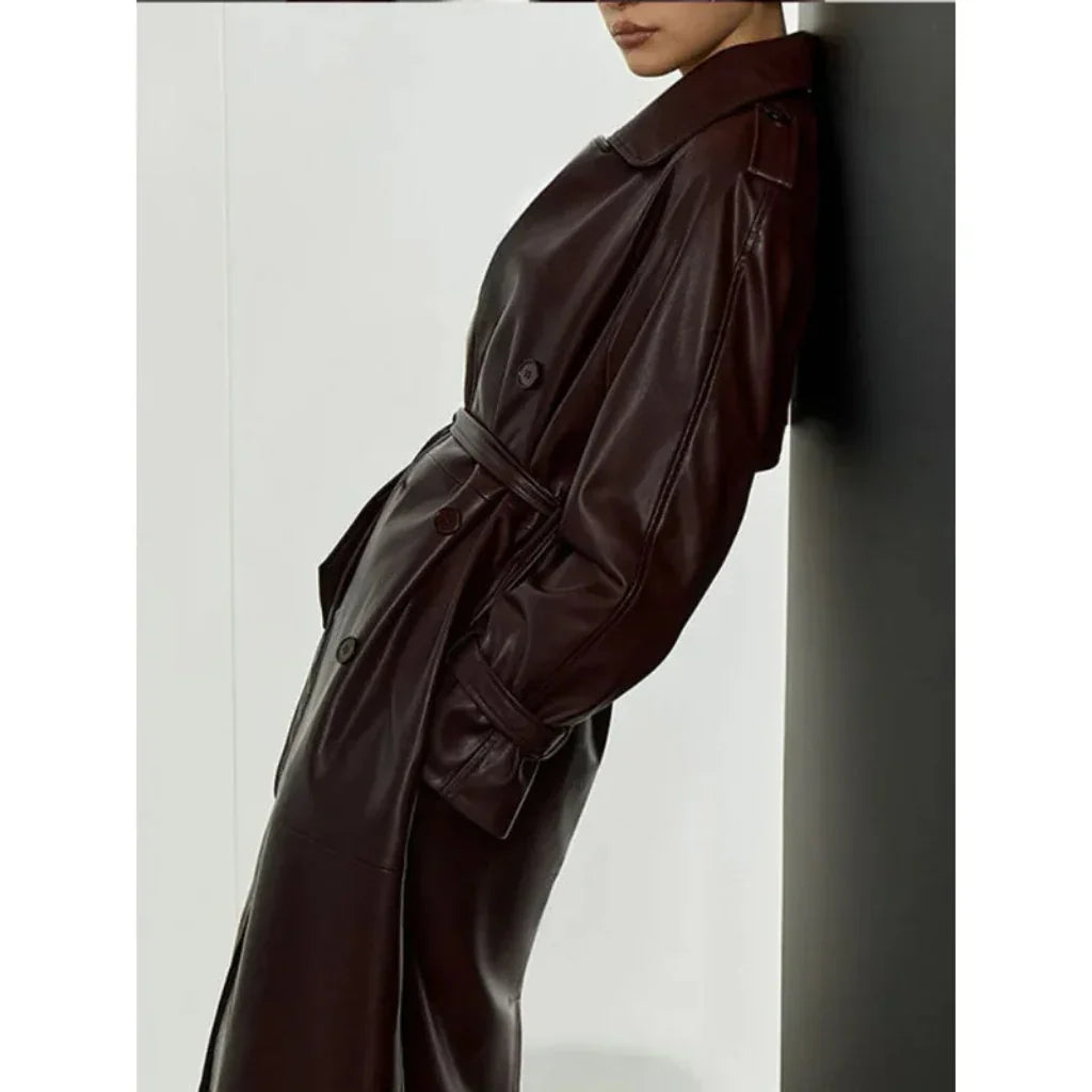 Long Faux Leather Trench Coat