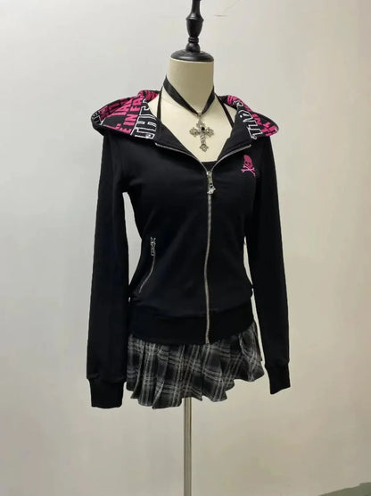 Y2K gothic skull hoodie for women with pink hood print on mannequin, paired with plaid skirt