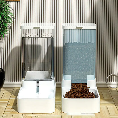 Luxury automatic pet feeder set with white base and transparent containers, dispensing brown pet food