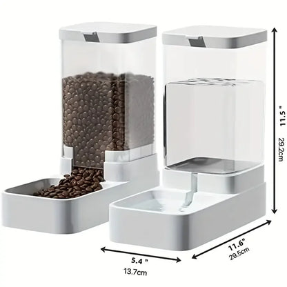 Modern luxury automatic pet feeder set with white base and transparent containers, measuring 11.5 by 11.6 inches