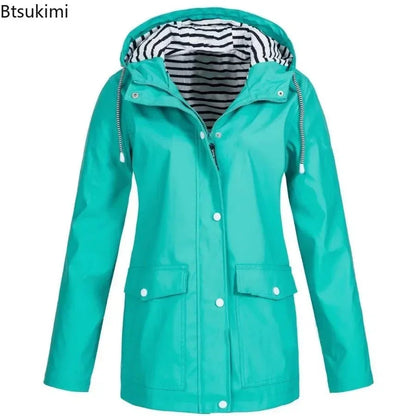 Luxury blue women's hooded trench coat with striped lining and front pockets