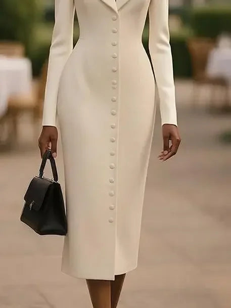 Tailored luxury buttoned midi dress in cream, worn with a black handbag, elegant street setting