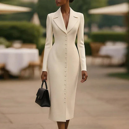 Woman in luxury tailored cream midi dress with buttoned front and long sleeves, holding black handbag outdoors