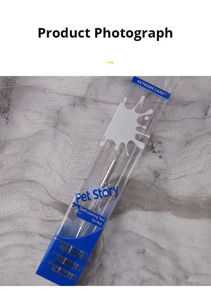 Pet Story teeth cleaning tool for pets in clear blue packaging on textured fabric backdrop
