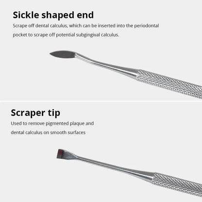 Close-up of stainless steel sickle-shaped and scraper tip dental tools for dog dental care